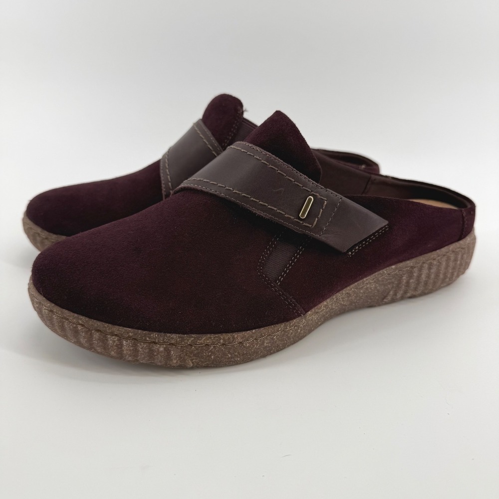 Clarks Caroline Bay Burgundy Suede Slip On Clogs Mules Womens 10 Wide Comfort